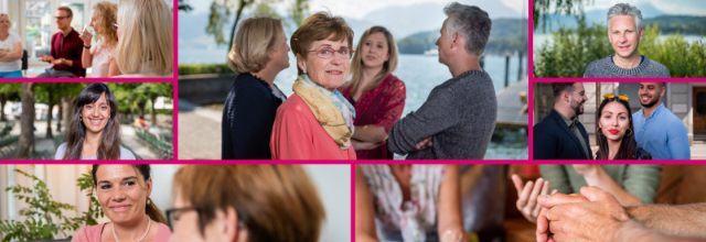 Verschiedene Bilder aus dem Bildpool 2018 von Selbsthilfe Schweiz: Menschen in verschiedenen Alltagssituationen, die Zusammenarbeit und Selbsthilfe symbolisieren.
